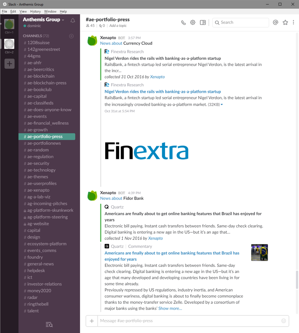 News about portfolio companies can be seen in a Slack channel