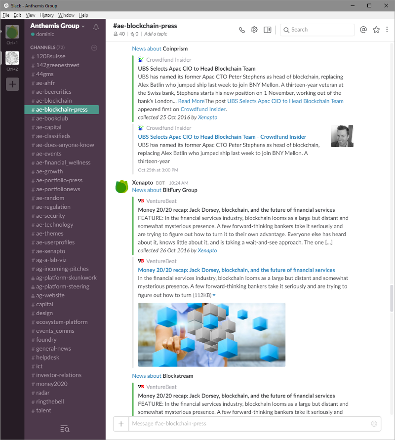 News articles on a particular subject in a Slack channel